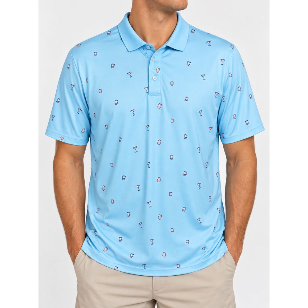 Bonobos Golf Polo Mens L Slim Fit Blue Cocktail Drink Print Performance Stretch